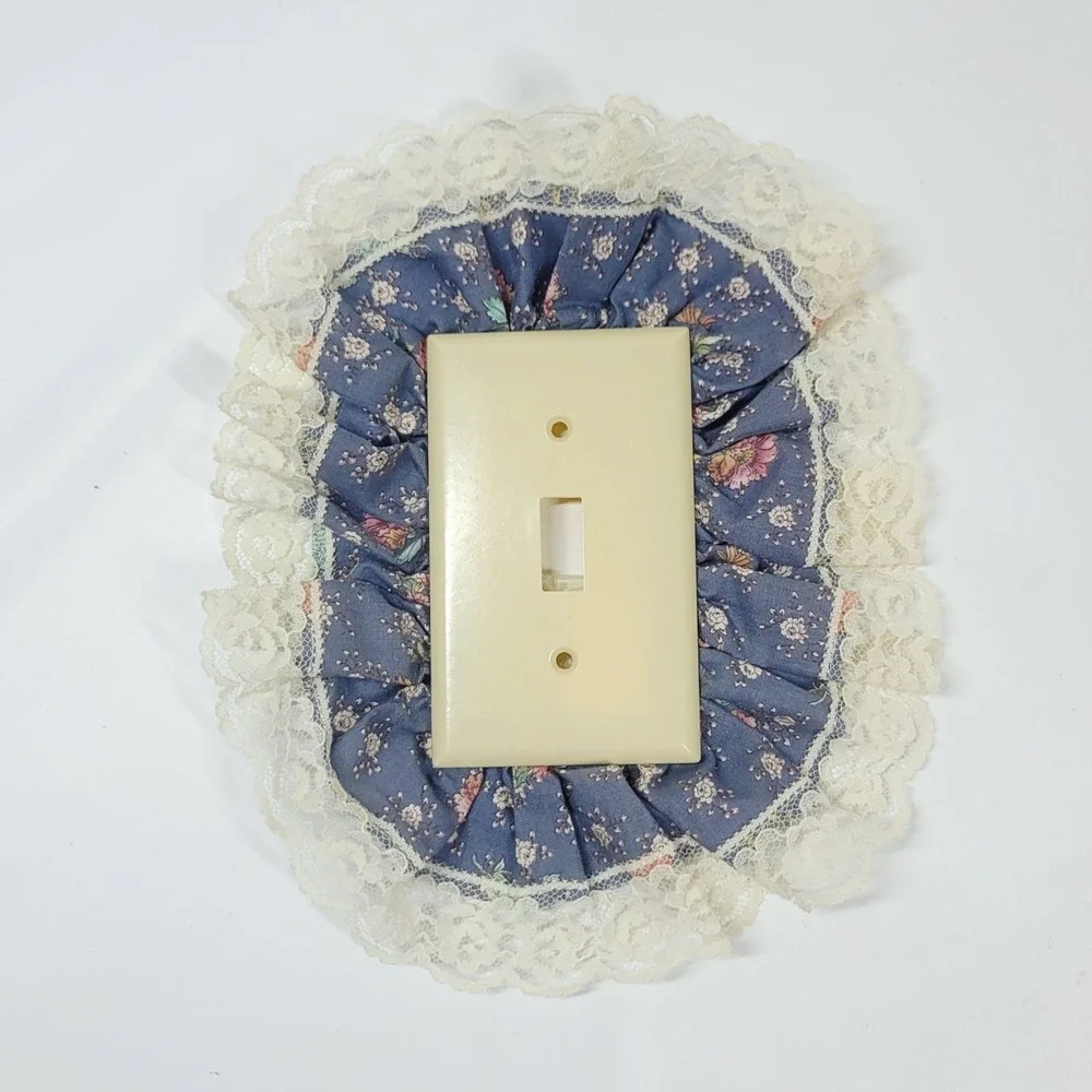80s Handmade Blue Calico And Lace Single Light Switch Plate Country Floral